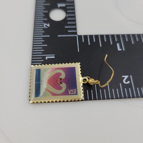 Swan Love 32 Cent Stamp Dangle Earrings Heart Gold Tone Postage Mail USA - Picture 10 of 12